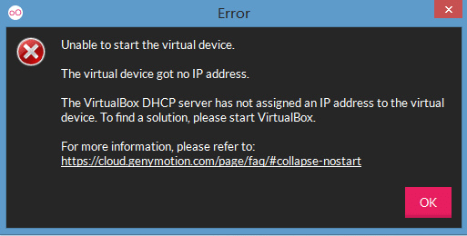 genymotion在启动时报错the virtual device got no ip address